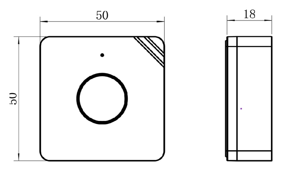 Abmessungen des Milesight WS101 in Millimetern: 50 x 50 x 18 mm