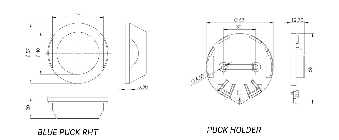 Massskizze des ela Blue PUCK RHT mit Durchmesser 57 mm und Höhe 20 mm sowie der zugehörigen Halterung PUCK HOLDER mit Durchmesser 63 mm