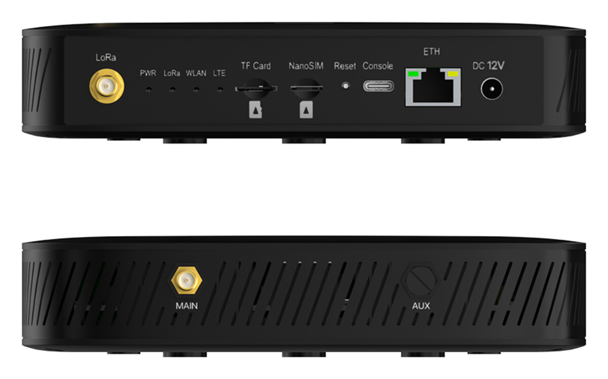 Rückseite des RAK7266S mit Antennenanschluss, Leuchtdioden, Steckplätzen für Speicherkarte und Nano-SIM, USB-C-Konsole, Ethernet und 12-Volt-Buchse