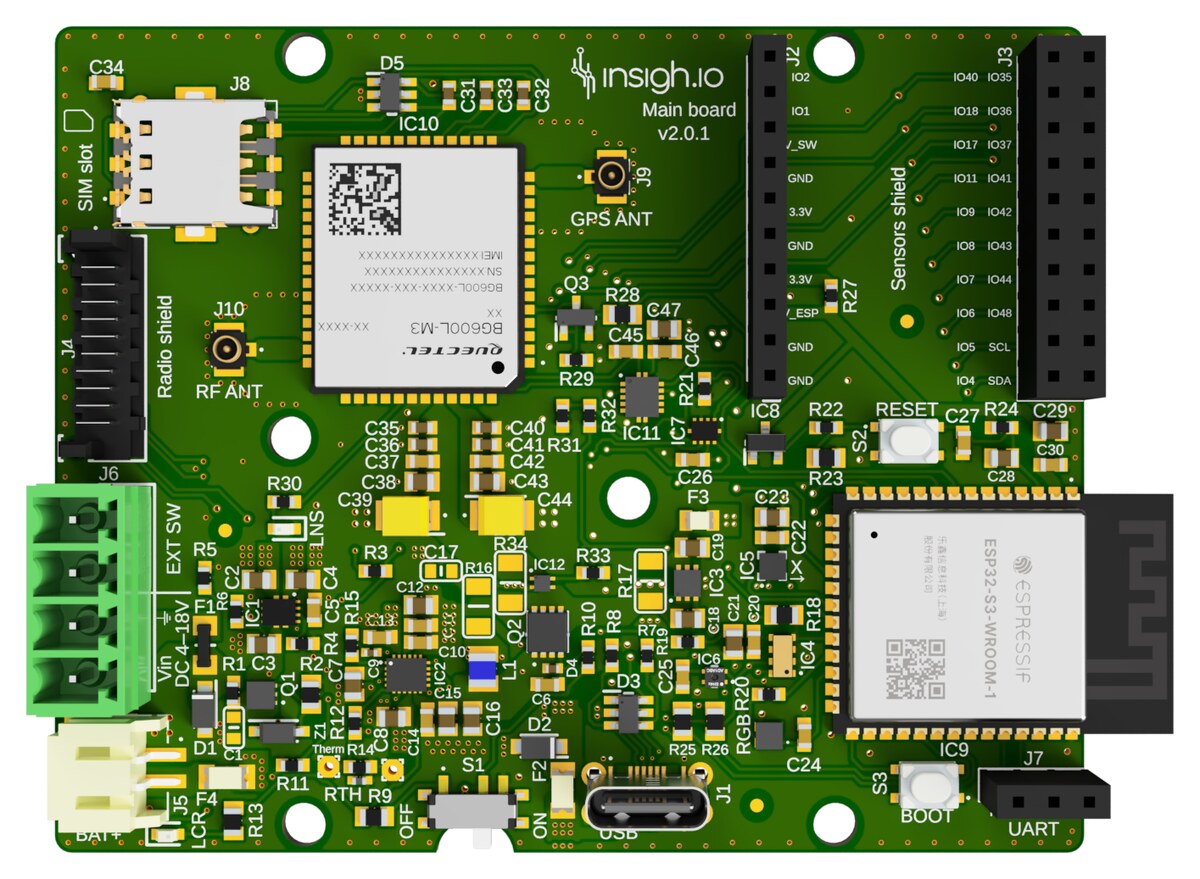 Mainboard v2 des insigh.io Loggers mit beschrifteten Anschlüssen: SIM-Steckplatz, Antennenbuchsen, Sensor-Shield-Leisten, Akku, Solareingang und USB