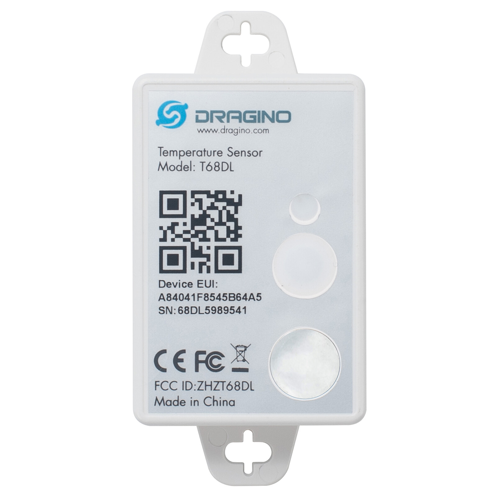 Dragino T68DL wasserdichter LoRaWAN-Temperatursensor mit zwei Schraublaschen, Vorderseite mit Typenschild