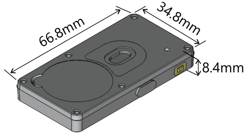 Massskizze des Ingics iBS09R mit 66.8 mm Länge, 34.8 mm Breite und 8.4 mm Höhe, sichtbar sind USB-C-Buchse, Taster und Sensorfenster