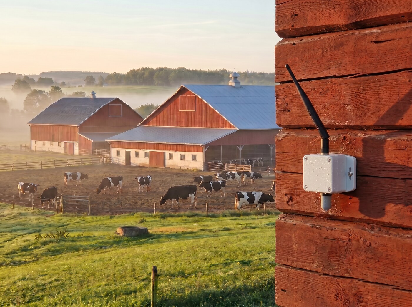 Elsys ELT-ETH an einer roten Holzfassade montiert, Filterkappe nach unten gerichtet, im Hintergrund eine Hofanlage mit Weidevieh