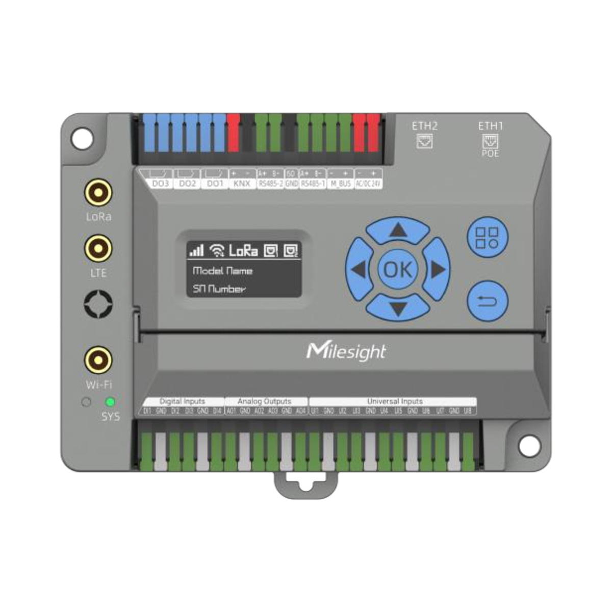 Milesight EG71 Building IoT Gateway mit OLED-Anzeige, Klemmenreihen für RS485, KNX und Universaleingänge