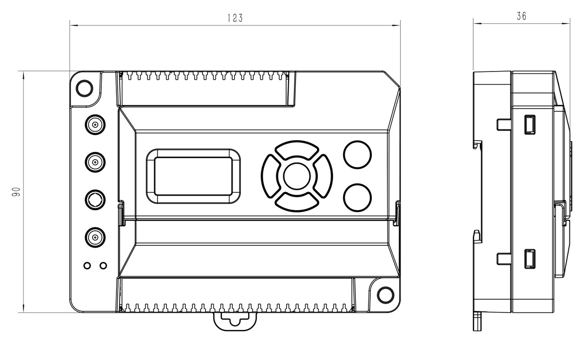 Massskizze des Milesight EG71 mit den Aussenmassen 123 x 90 x 36 Millimeter