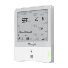 Milesight AM307 LoRaWAN Raumluftsensor mit 4.2 Zoll grosser E-Ink-Anzeige und Ampelleuchte am weissen Wandgehäuse