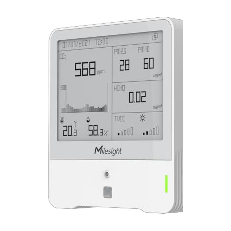 Milesight AM307 LoRaWAN Raumluftsensor mit 4.2 Zoll grosser E-Ink-Anzeige und Ampelleuchte am weissen Wandgehäuse