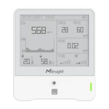 Milesight AM319 LoRaWAN Raumluftsensor mit 4.2 Zoll grosser E-Ink-Anzeige, die CO2, Feinstaub und Formaldehyd zeigt