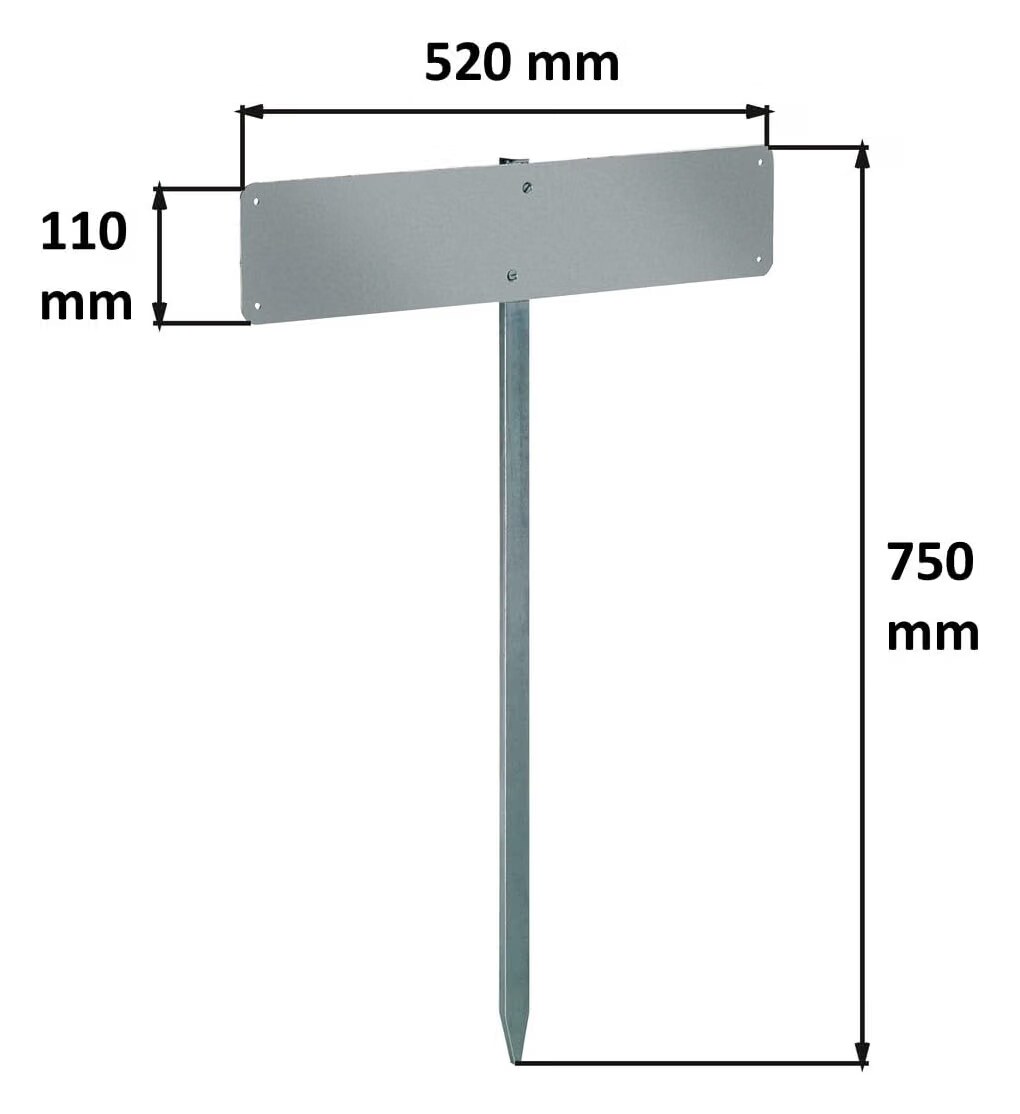 Massskizze Alberts Nummernschild-Befestigung zum Einschlagen: Gesamthöhe 750 mm, Platte 520 × 110 mm