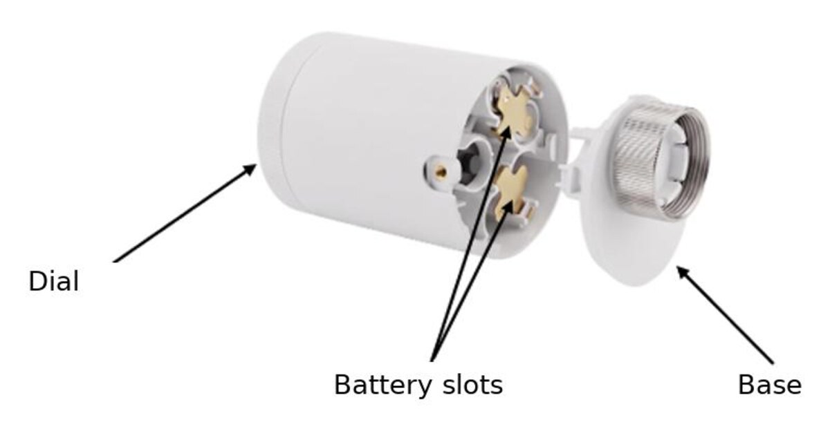 Aufbau des Nexelec FLOW: Gehäuse mit Rändelrad, zwei Batteriefächer und Sockel mit Überwurfmutter