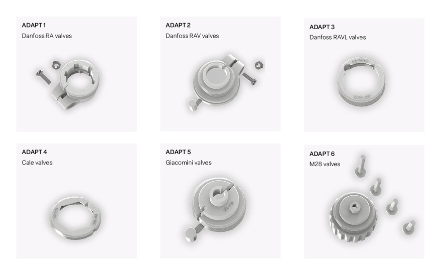 Die sechs Nexelec-ADAPT-Ventiladapter für Danfoss RA, RAV und RAVL, Cale, Giacomini und M28