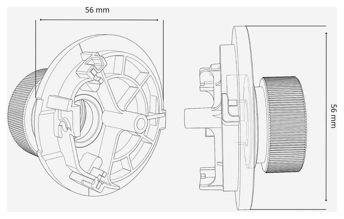 Masszeichnung des Nexelec RUG mit 56 mm Durchmesser in Drauf- und Seitenansicht