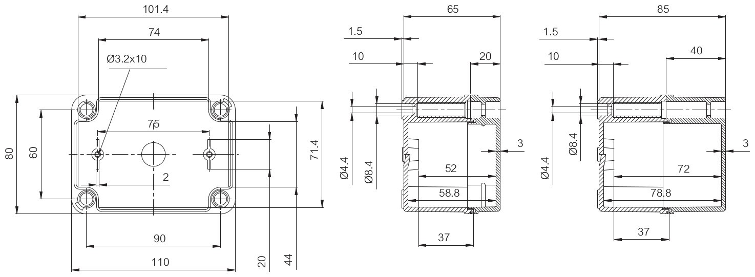 Massskizze des DL-PR36-Gehäuses mit Bohrbild: Aussenmass 110 × 80 mm, Befestigungsabstand 90 × 60 mm