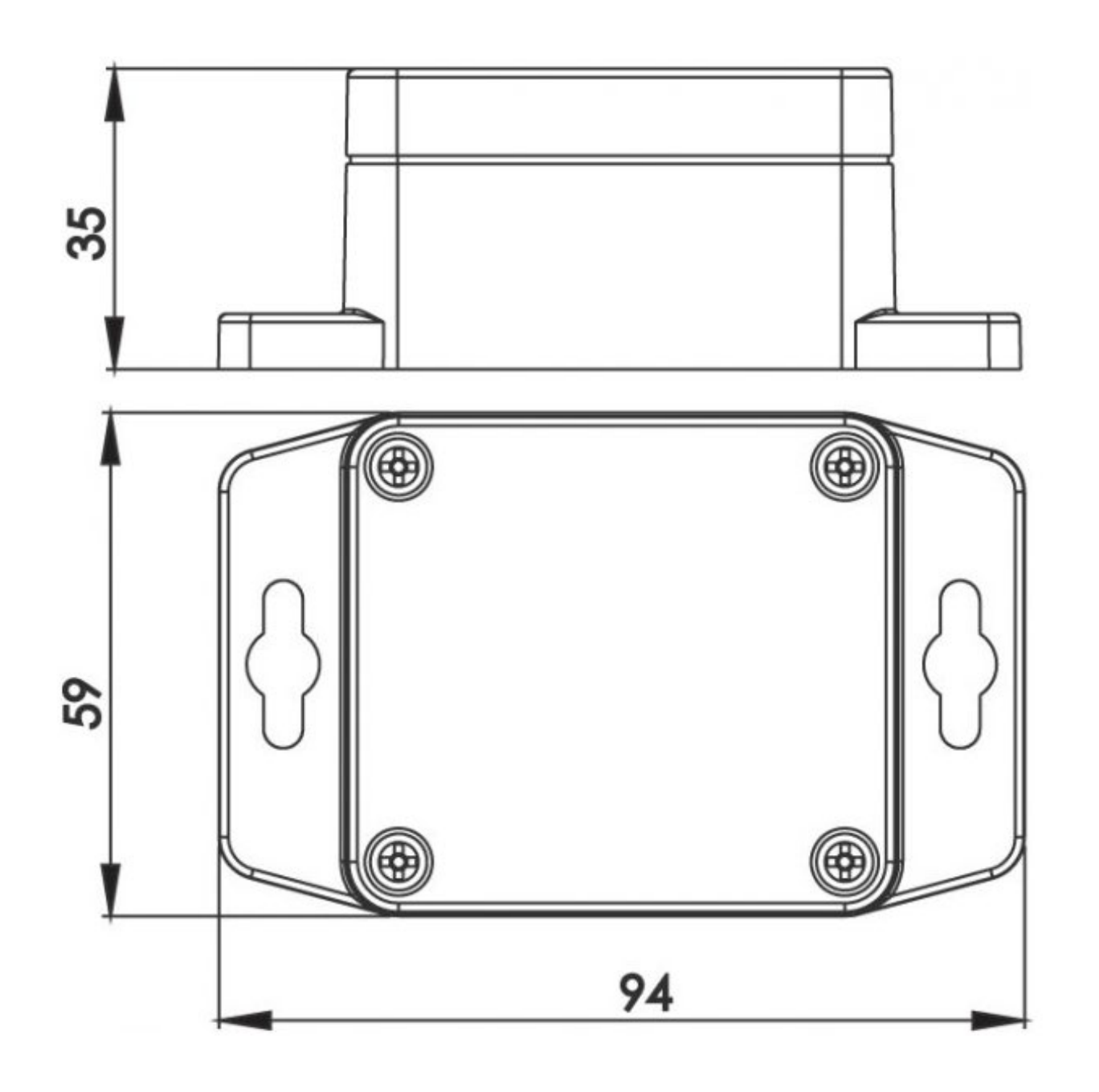 Masszeichnung des Elsys ELT-ETH wM-Bus: 94 mm breit, 59 mm hoch, 35 mm tief, mit den Schlüssellochbohrungen in den beiden Montageflügeln